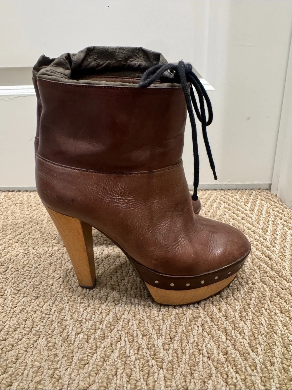 Vintage Marni « Tronchetto » Brown Leather and Wood Platform Ankle Boots Size 37